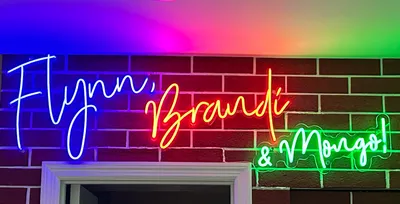 Custom Neon Sign - The neon signs are the names of each of my miniature poodles Flynn 3yrs Brandi 2yrs and Mongo 6mos All of them are related so I thought the neon signs of their names against a brick wall looked great Thanks Neon Signs Now Team