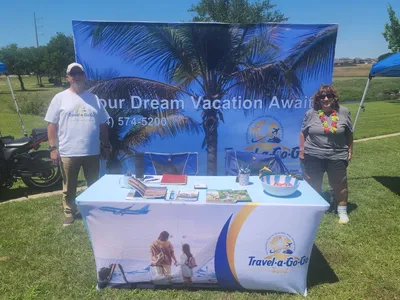 Pop Up Straight Displays - Used my table cover and backdrop for the 1st time this weekend at city Chamber sponsored car and bike show Had a great turnout and my booth was very noticeable and drew a lot of potential travel customers