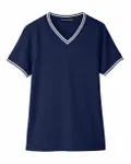 Devon & Jones Ladies' CrownLux Performance Plaited Tipped V-Neck Navy/ White