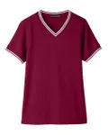 Devon & Jones Ladies' CrownLux Performance Plaited Tipped V-Neck Burgundy/ White