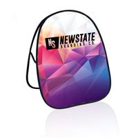 A backpack with a colorful geometric design featuring a logo and text 'NEWSTATE' on the upper half against a white background.