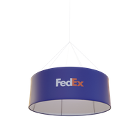 A suspended lamp with the FedEx logo on it, against a plain background.