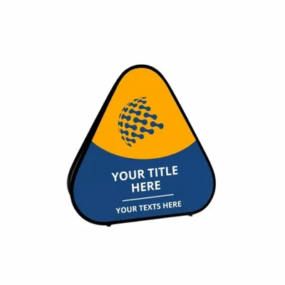 3.28ft x 3.28ft A triangular, pop-up banner stands with a blue and yellow design featuring placeholder text reading 'YOUR TITLE HERE' and 'YOUR TEXTS HERE' amidst a dotted swirl graphic.