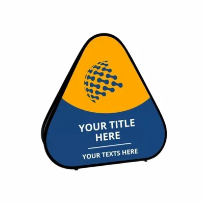 3.94ft x 3.94ft This is a triangular pop-up banner with customizable text areas, featuring a yellow and blue design with a circular pattern on top. Text displayed: 'YOUR TITLE HERE' and 'YOUR TEXTS HERE.'