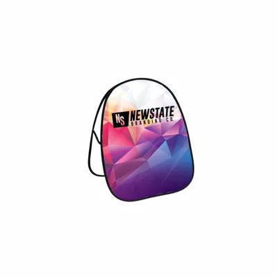 2.13ft x 3.44ft A promotional backpack featuring a geometric design in shades of purple and blue, with the text 'NEWSTATE' and the initials 'NS' displayed prominently.