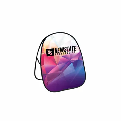 2.6ft x 3.93ft A teardrop-shaped trade show display banner with colorful geometric design and the text 'NEWSTATE BRANDING CO' on a plain background.