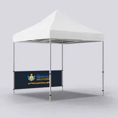 A white canopy tent with a customized blue banner displaying 'MEDICAL SOLUTION' and a logo, designed for a trade show setup.