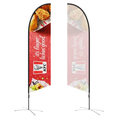 Single Side Two teardrop banners with food advertisements, mounted on stands, likely for promotional use at a trade show or storefront.