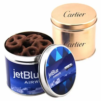 Round Tin with Choc Covered Pretzels - Custom Socks Now
