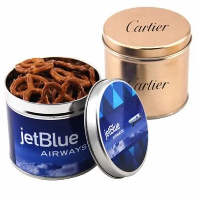 Round Tin with Mini Pretzels - Custom Socks Now