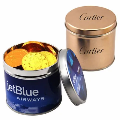 Round Tin with Chocolate Coins - Custom Socks Now