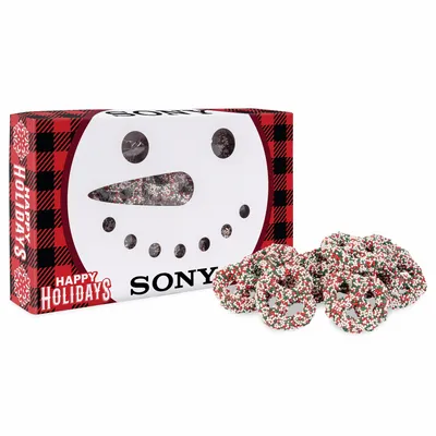 Snowman Die Cut Box with Milk Chocolate Christmas Mini Pretzels - Custom Socks Now