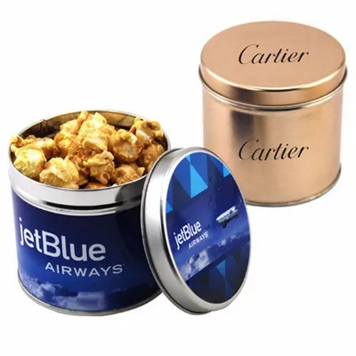 Round Tin with Caramel Popcorn - Custom Socks Now