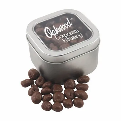 Window Tin with Chocolate Raisins - Custom Socks Now