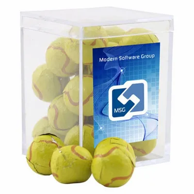 Acrylic Box with Chocolate Tennis Balls - Small - Custom Socks Now