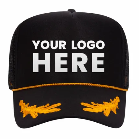 Otto 39-162 5-Panel High Crown Foam Trucker Hat - Black/Gold with Oak Leaves - Custom Socks Now