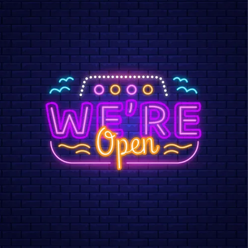 We're Open with Wave Lines Neon Sign - Custom Socks Now