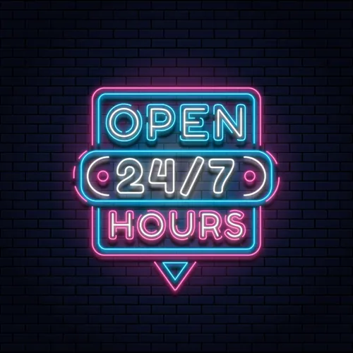 24/7 Open Hours Neon Sign - Custom Socks Now