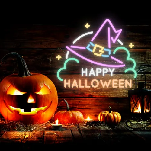 Happy Halloween Hat Neon Sign - Custom Socks Now