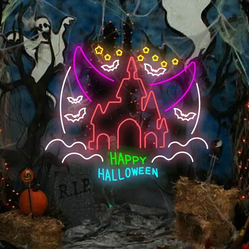 Happy Halloween Castle Neon Sign - Custom Socks Now
