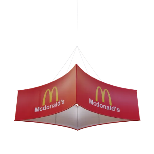 A hanging promotional display with McDonald's branding, likely for a trade show or commercial setting.