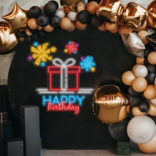 Happy Birthday with a Gift Box Neon Sign - Custom Socks Now