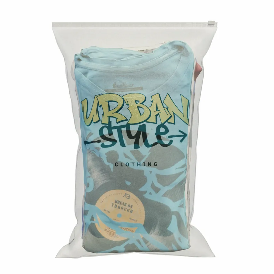 This is an image of a custom-designed poly mailer featuring bold graphics with text 'STREETSTYLE SYNDICATE,' a cartoon bird, and slogans promoting individual expression in urban fashion.